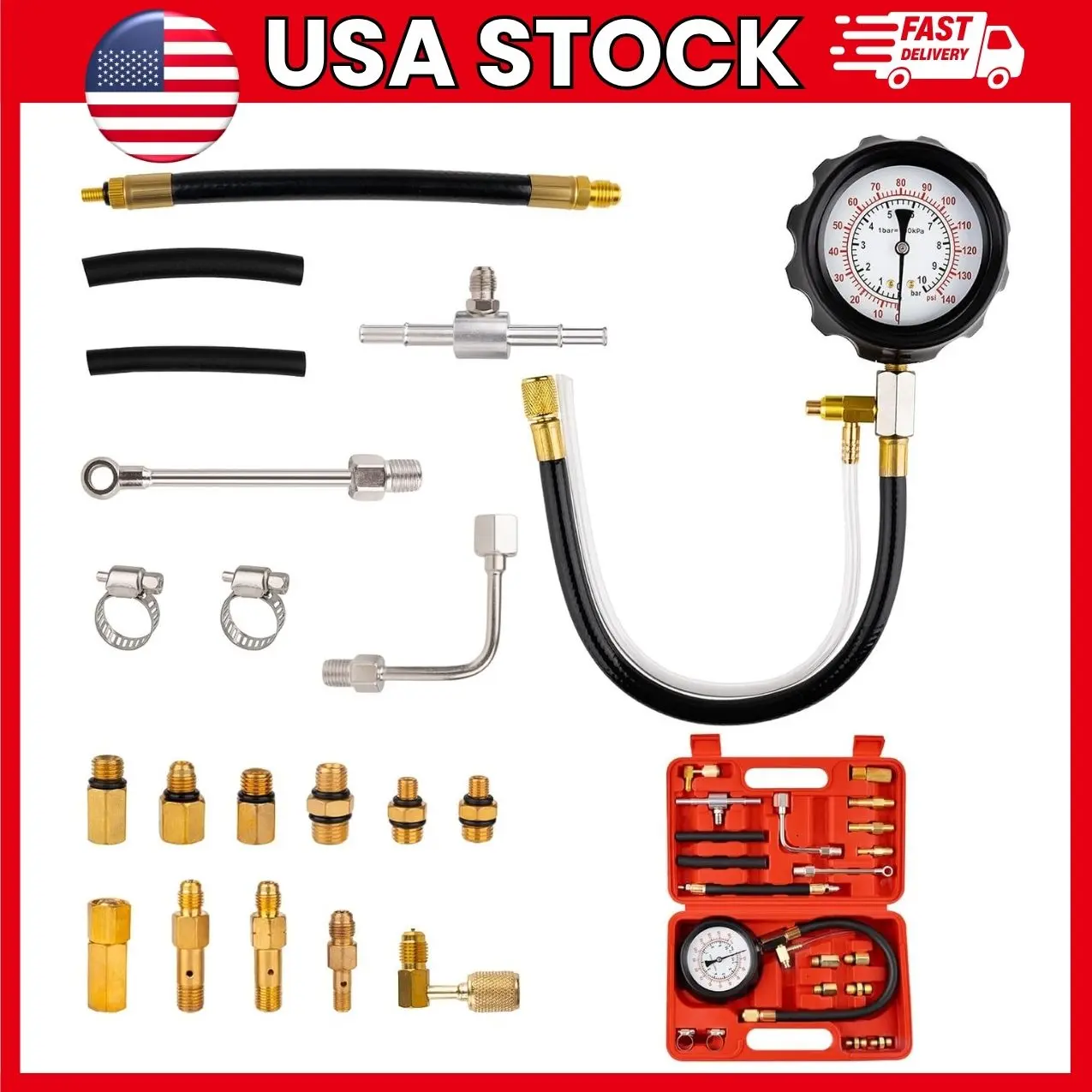 Fuel Pressure Tester, 0–140 PSI / 0–10 Bar Fuel Pump Pressure Gauge Kit with Multiple Adapters, Fuel Injection Diagnostic Tool for Gasoline Cars, Trucks, Motorcycles & RVs | fuel pressure tester, fuel pressure gauge, fuel pump tester
