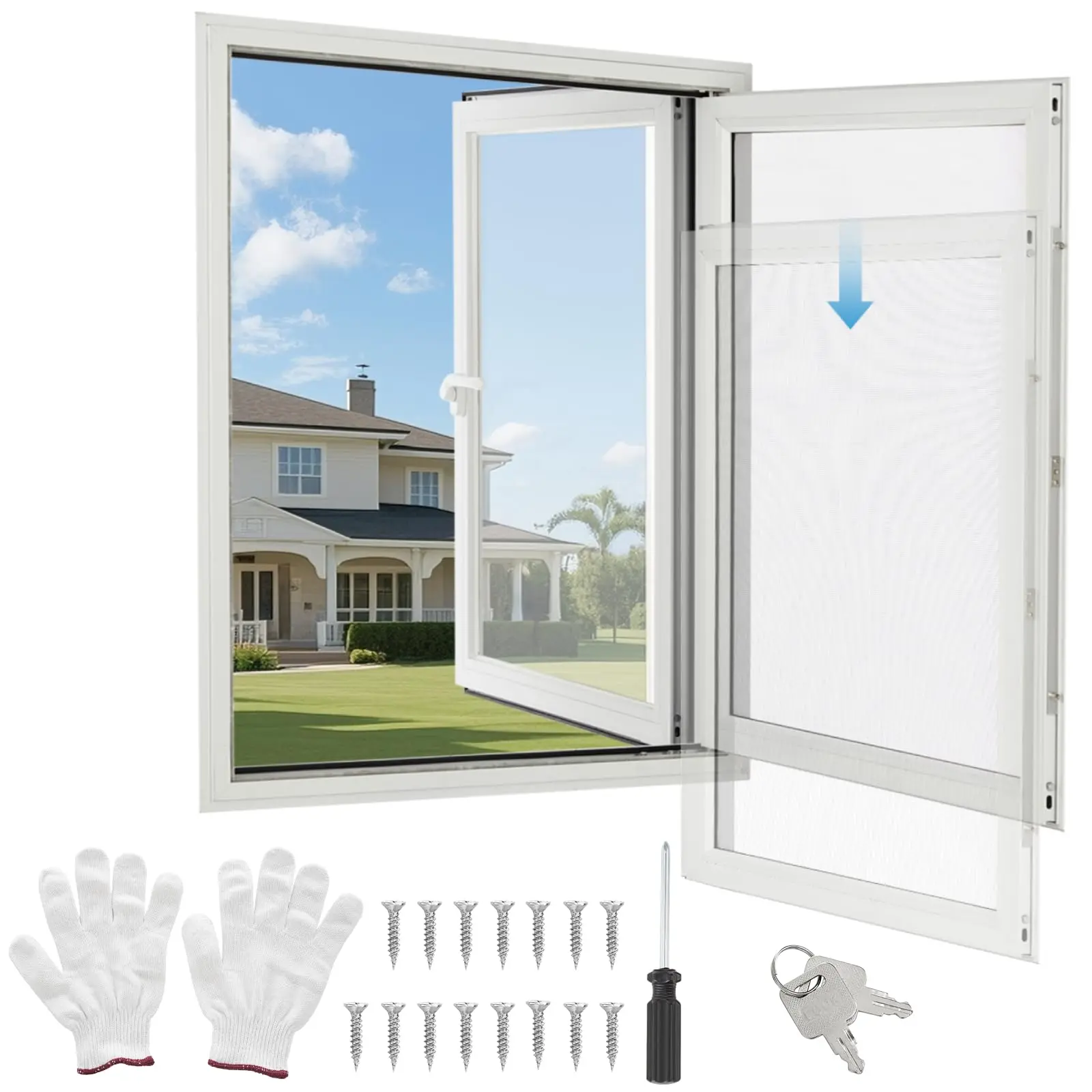【GARVEE】House Window 32 x 41 x 4 Inch , 4 Gear Opening Position Adjustment Roof Window, 5 Mm Reinforced Glass Casement Window with Pull Down Magnetic Mesh, Sliding Window for House