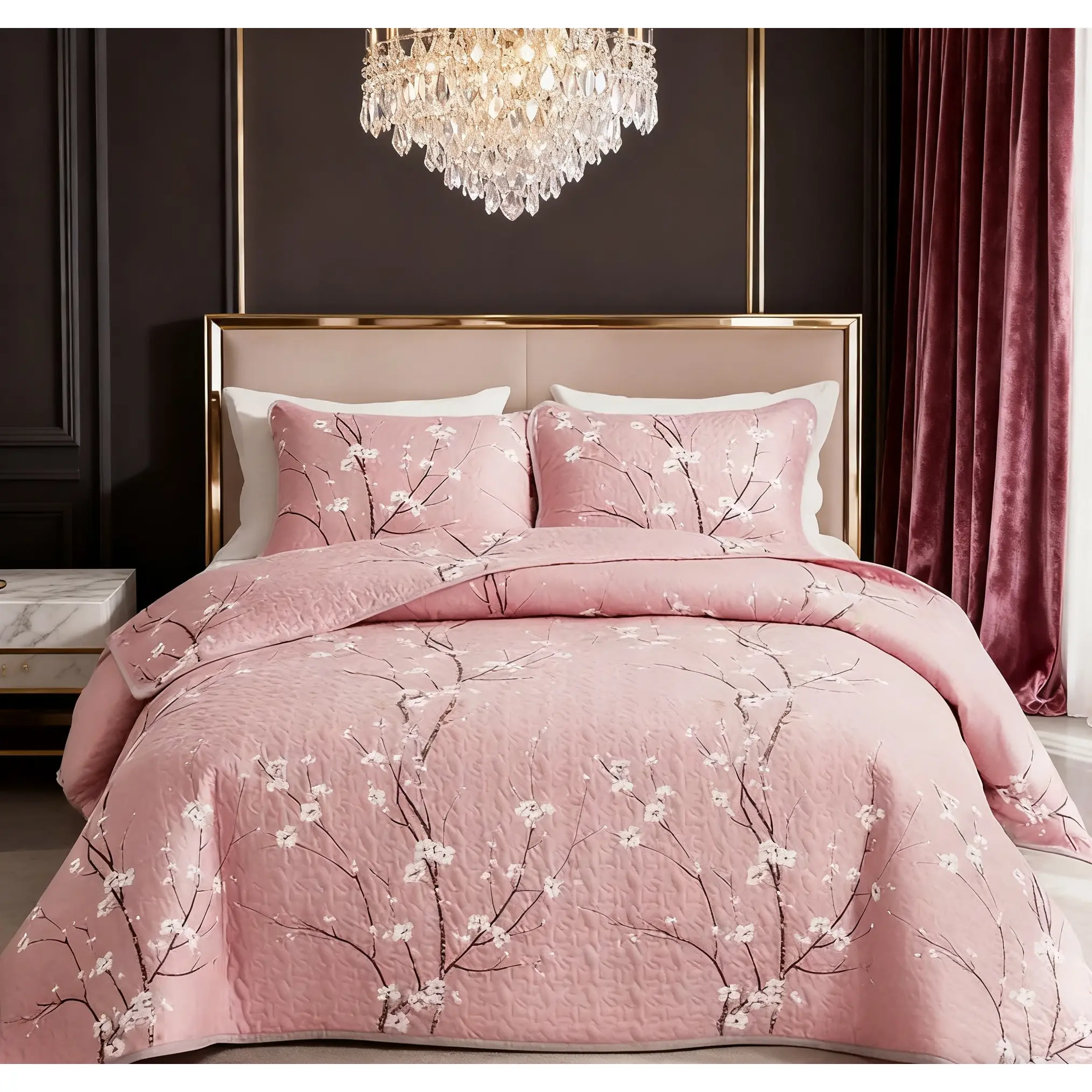 Elegant Tree Branch Plum Blossom Microfibre Quilted Bedspread Set - 2/3pcs Quilt + 1/2 Pillowcase, Breathable, Warm, Comfortable, Machine Washable, No Irritation, Single/Queen/King Size, Adult All-Season Bedding Decor, All Seasons