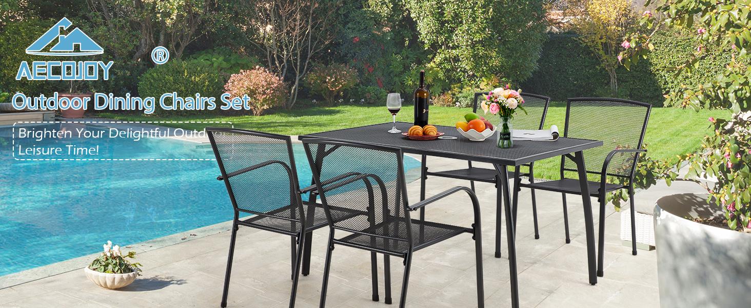 AECOJOY Outdoor Patio chair/Table/Furniture Set(Includes 1 Table & 4 Stackable Chairs with 1.73" Umbrella Hole) for Deck & Garden ,Available Individually or as a 5-Piece Set