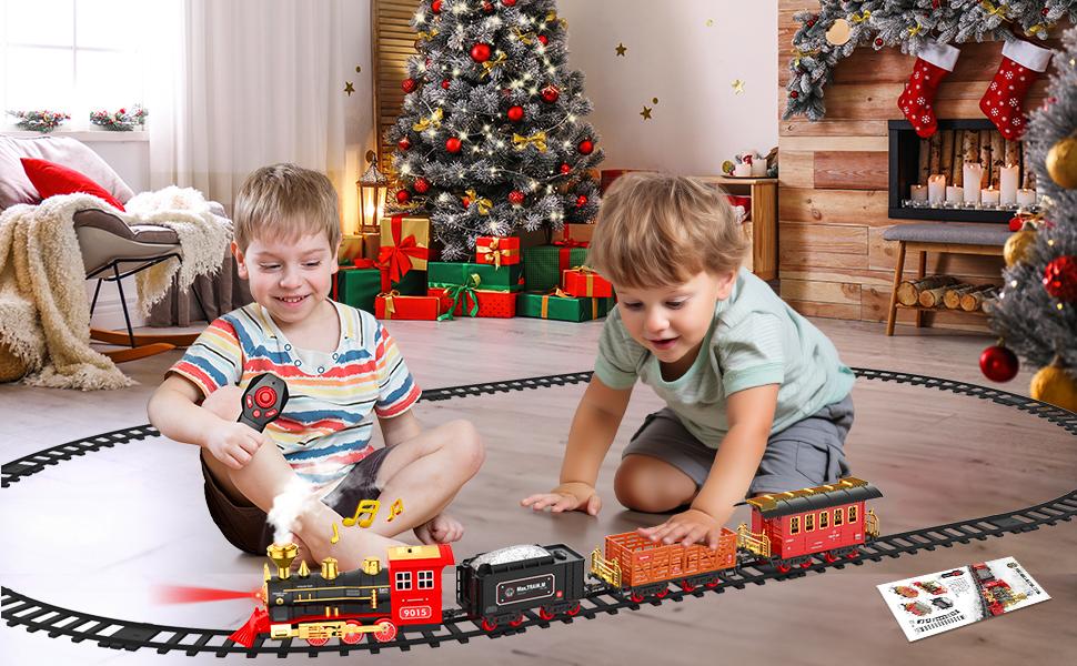 Hot bee Train Set - Train Toys for Boys with Smokes, Lights and Sound, Toy Train Set for Under Christmas Tree, Toddler Model Trains for 3 4 5 6 7 8+ Years Old Kids Christmas Toys Gifts