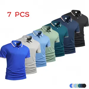 Men’s 7-piece multicolor short-sleeve polo shirt set with contrast piping at the collar, suitable for everyday casual and business wear outdoor top Soft Skin-Friendly Men's