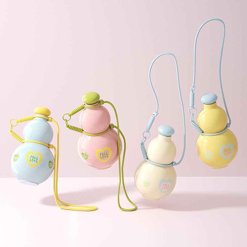 gourd Water Bottle Large Capacity Tonton Cup High Appearance Outdoor Portable Daughter Child Student Big Belly Water Cup School Home Use with Colorful Designs and Adjustable Straps Drinkware Indoor, Cream White