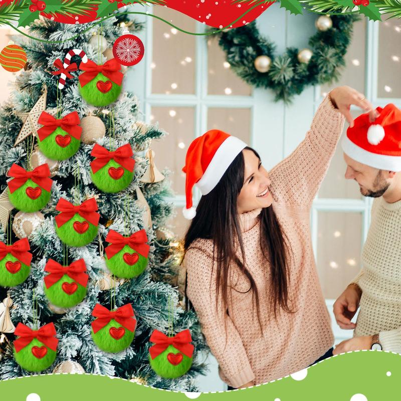 Christmas Clearance Sale Christmas Ornaments 12 Pcs Lime Green Furry Christmas Balls with Bows or Red Heart Cute Green Monster Christmas Decorations Hanging Ornaments for Xmas Tree Holiday Party Home Wall Christmas Decor Christmas White Elephant Gifts