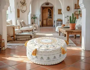 MOCOFO Floor Pillow Cover Blue Round Floor Cushion Boho Room Décor Moroccan Seating Area Perfect Pouf Ottoman for Living Room