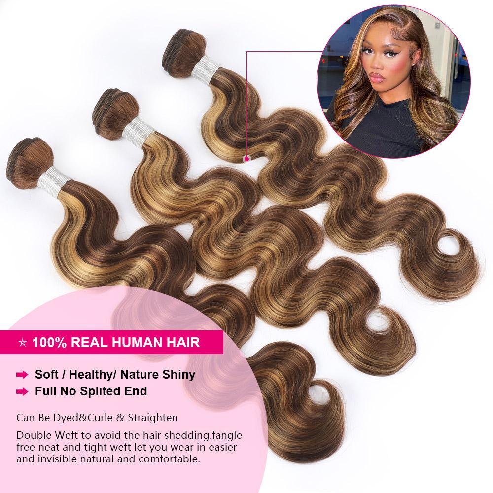 P4/27 Honey Blonde Body Wave Bundles Brazilian Straight Virgin Human Hair Piano Color Highlight Loose Deep Wave Extensions for Sew In