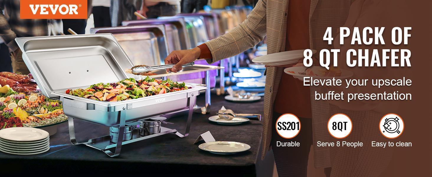VEVOR Chafing Dish Buffet Set, 8 Qt 4 Pack, Stainless Chafer with 4 Full Size Pans, Rectangle Catering Warmer Server with Lid Water Pan Folding Stand Fuel Tray Holder Spoon Clip, at Least 8 People Eac