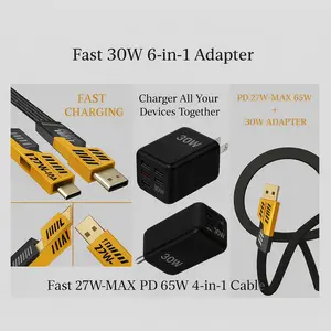 6-in-1 30W adapter + 4in1 Dual Type C PD 27W 65W Portable Charging Block with 4 USB + 2 PD Fast Charging 5V2.4A for iPhone Android Devices Durable Compact Smartphone Charger
