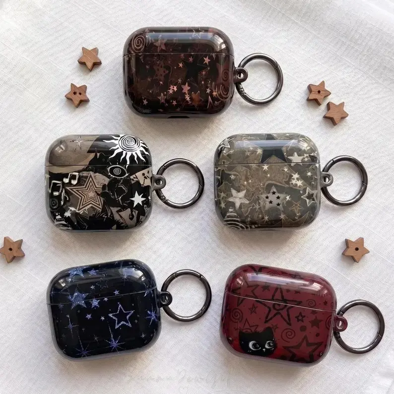 Goth Y2K Aesthetic Celestial AirPods Case with Keychain | Dark Academia & Grunge Star Print Protective Cover for AirPods 1/2/3/Pro/Pro 2/Gen 4