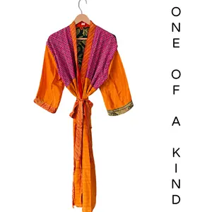 Recycled Silk Vintage Kimono - Orange, Fuchsia, Indigo Blue