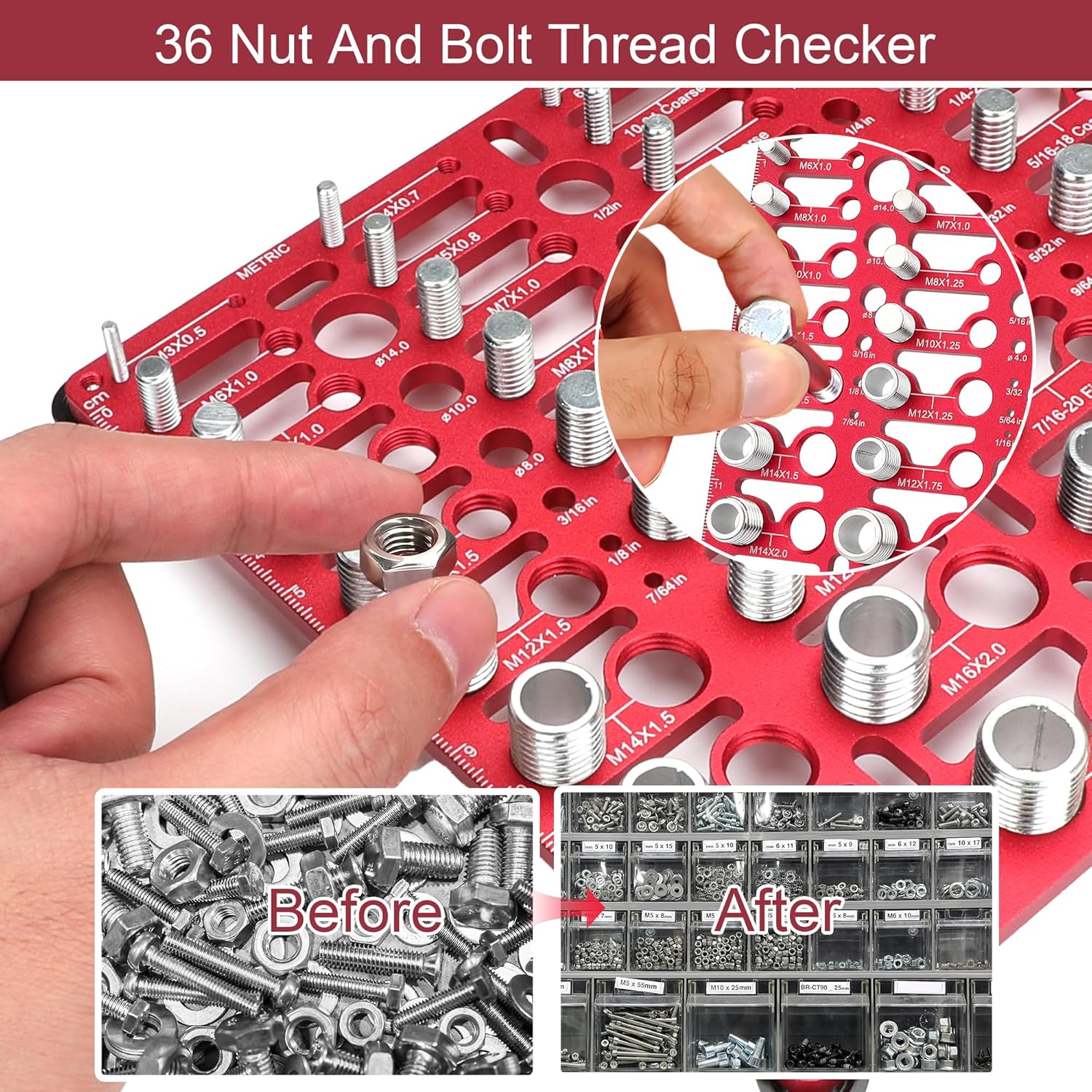 Thread Checker, 55 Bolt Size and Thread Gauge, Bolt Thread Identifier 20 Standard & 16 Metric, Bolt Identifier Board, Nut and Bolt Thread Checker Gauge Wall-Mountable with 19 Drill Bit Gauge