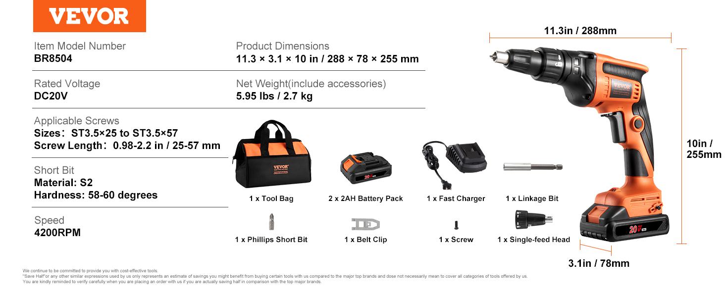 VEVOR Drywall Screw Gun, TikTokShopBlackFriday, 20V Max Drywall Screwgun, 4200RPM Brushless Cordless Drywall Gun Kit with 2 Battery Packs, Charger, Belt Clip, and Tool Bag, Forward and Reverse Adjustable, Built-in LED Light