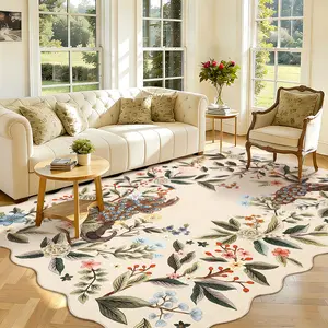 Fan-shaped Washable Peacock Floral Border Rug Large Size Foldable Interior Decorative Rug Girls' Rooms Rug Soft Non-slip and Non-shedding for Dining Room Bedside Living Room Hallway Laundry Room and Children's Room