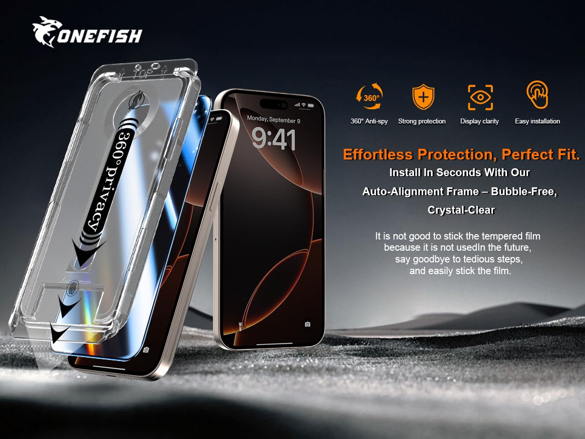 One Fish[2PCS] 360° Privacy [4 sides Privacy] Screen Protector [UP, DOWN, LEFT, RIGHT] Anti-Spy, Tempered Glass, Full Protection.