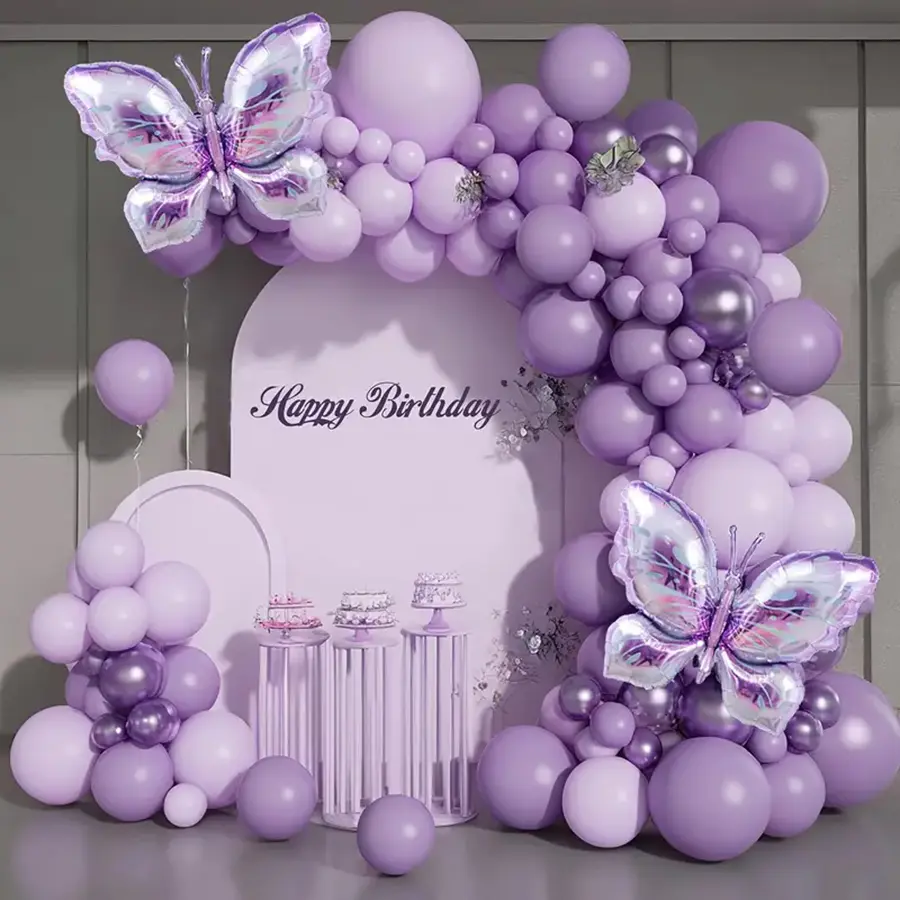 126-Piece Purple Metallic Latex Balloon Garland & Arch Kit with Butterfly Foil Balloon, Tying Tool & Patchwork Design for Wedding, Anniversary, Baby Shower Ceremony Decoration Supplies, Round, Birthday