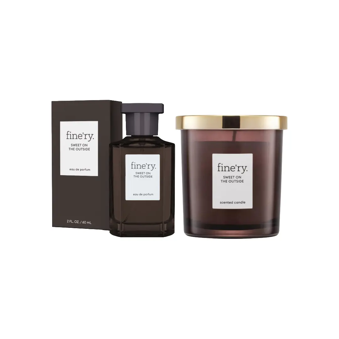 Fine'ry Sweet on the Outside Bundle - 60ml EDP Fragrance Perfume, 7oz Artisan Madagascar Vanilla Scent Candle with Vanilla Scents, Cacao Wood, Smoked Vetiver Notes