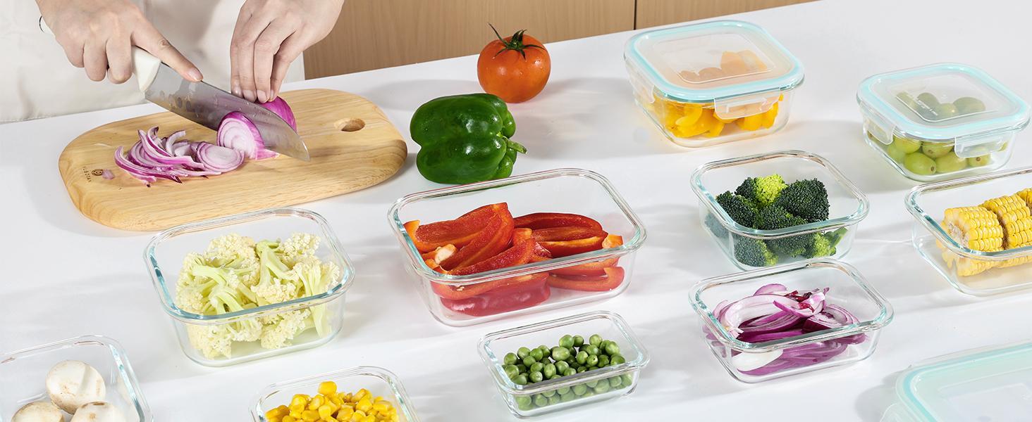 [Video Only] Vtopmart 18 Pack Glass Food Storage Containers with Lids -Stackable Design for Kitchen Utensils Oven Microwave Freezer Dishwasher Kitchenware  Square Fridge Organizers Insulated Lunch Compartment Green Rectangle