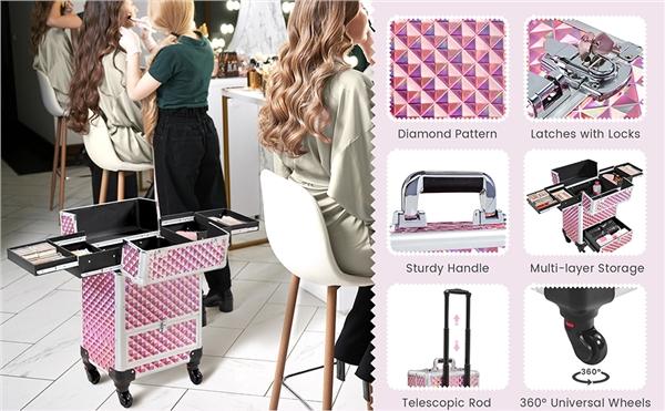 Yaheetech Rolling Makeup Case Aluminum Cosmetic Case Professional Makeup Train Case Large Capacity with 4 Trays & Drawer