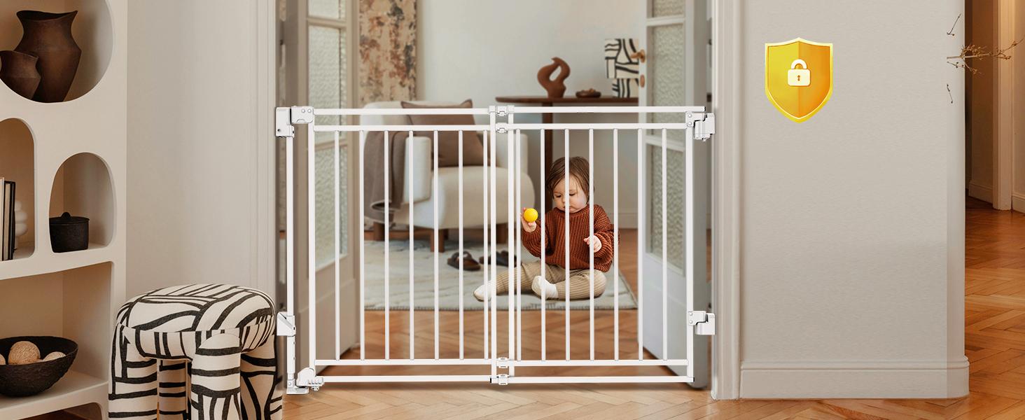 Baby Gate for Stairs Doorways & Kitchen, 26.4"-43" W x 29" H, No Bottom Bar Dog Gate, One-Handed Auto-Close, Hardware Mount Safety Gate for Dogs & Toddlers, Black