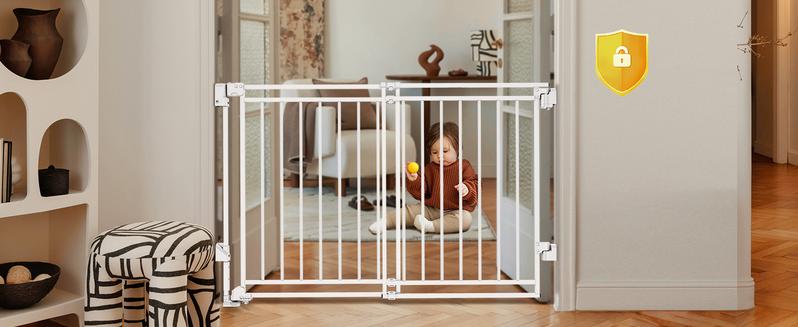 Baby Gate for Stairs Doorways & Kitchen, 26.4"-43" W x 29" H, No Bottom Bar Dog Gate, One-Handed Auto-Close, Hardware Mount Safety Gate for Dogs & Toddlers, Black
