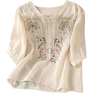 shirts women Floral Embroidered Tops Cotton Linen Shirts Boho Ethnic Style Peasant Tee Women 3/4 Sleeve V Neck Button Tunic Tshirt Blouses Womenswear