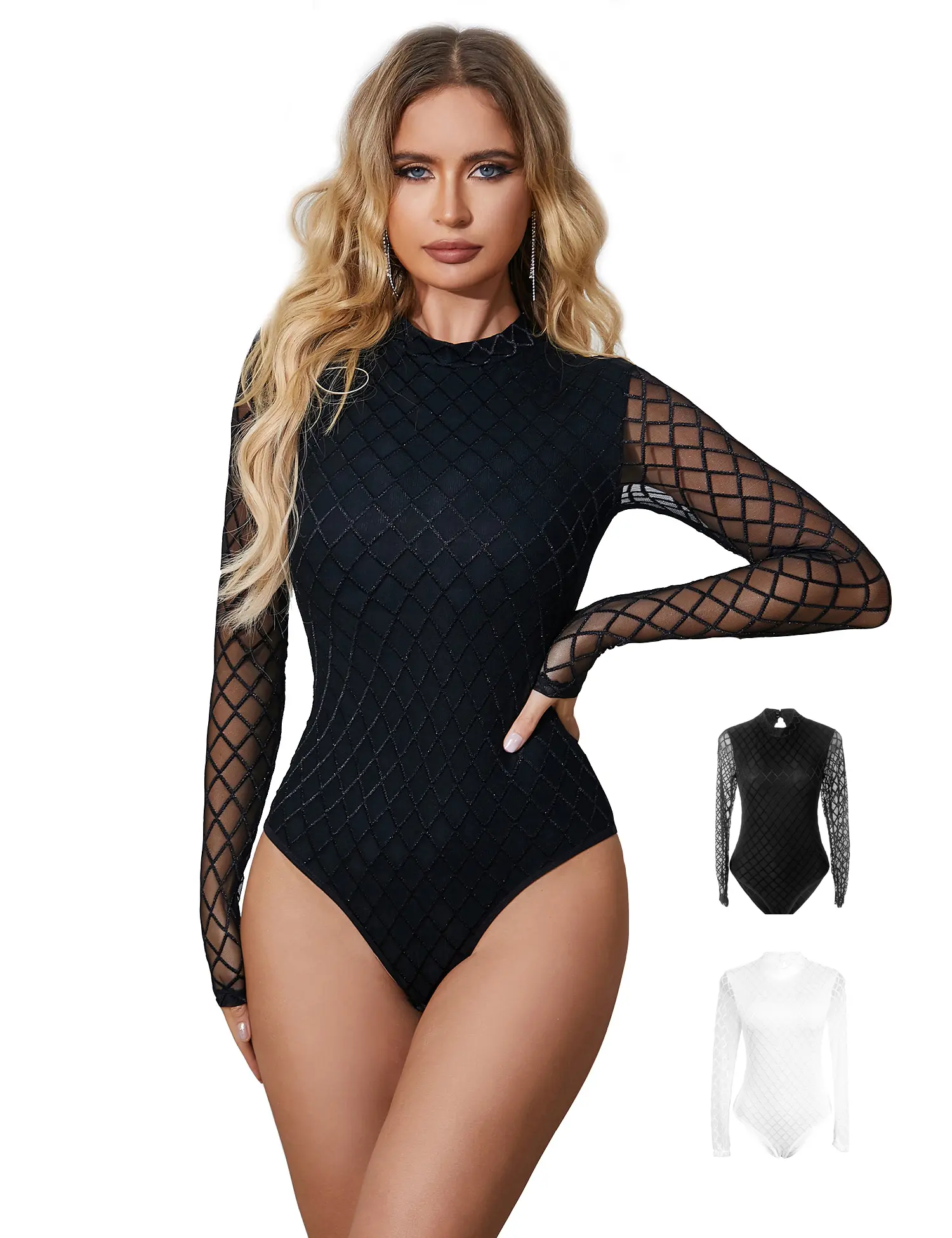 Women's Bodysuits Sexy Piece Long Sleeve Crew Neck Tops Bodysuits Soft Stretchy Womenswear Underwear Sheer Mesh Bodysuit Turtleneck Neck Long Sleeve See Through Leotard Clubwear Tops S-2XL