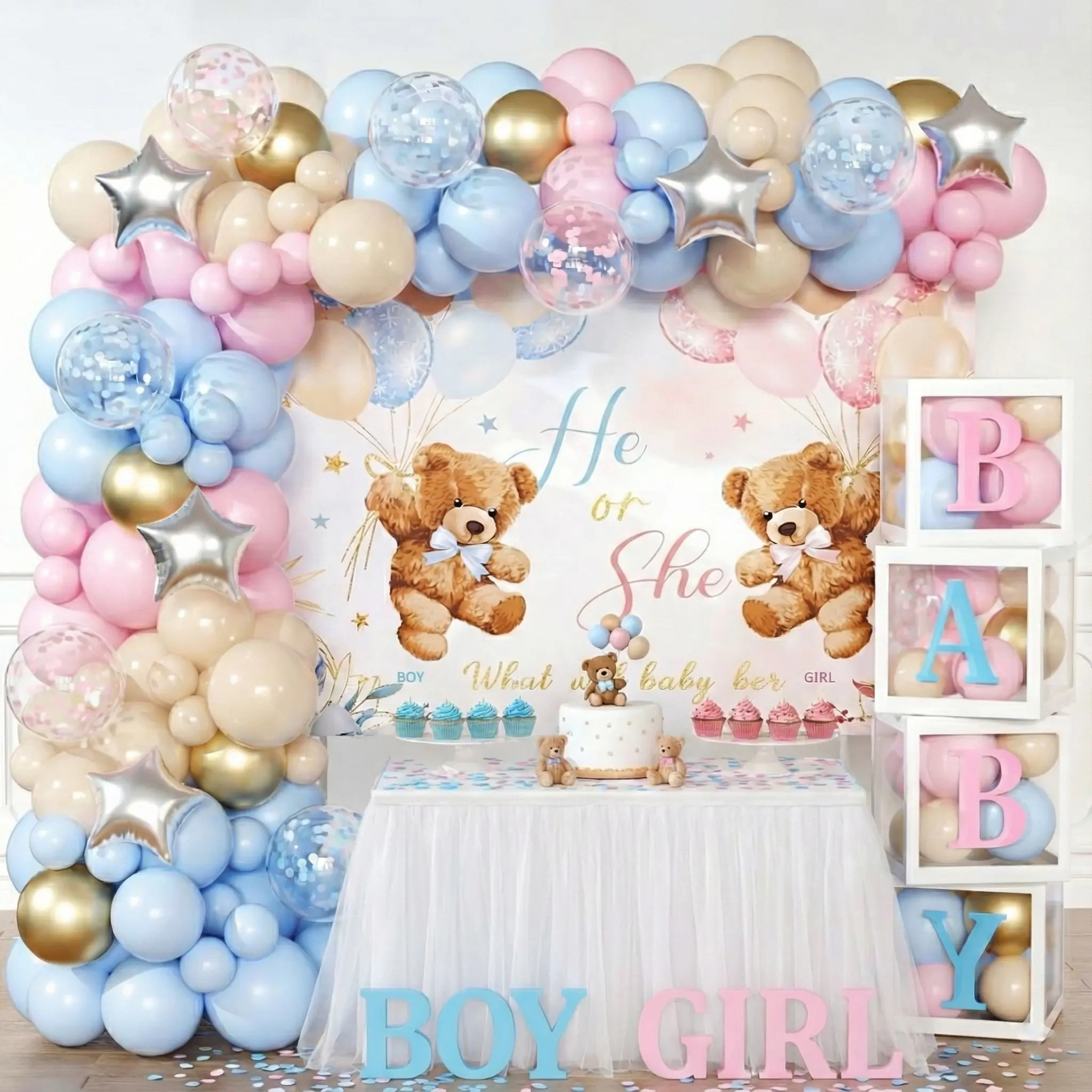 158pcs Bear Gender Reveal Decor Set - Letter Boxes, Pink Blue Nude Arch Kit, Teddy Bear Backdrop, Balloon Decor for Baby Showers