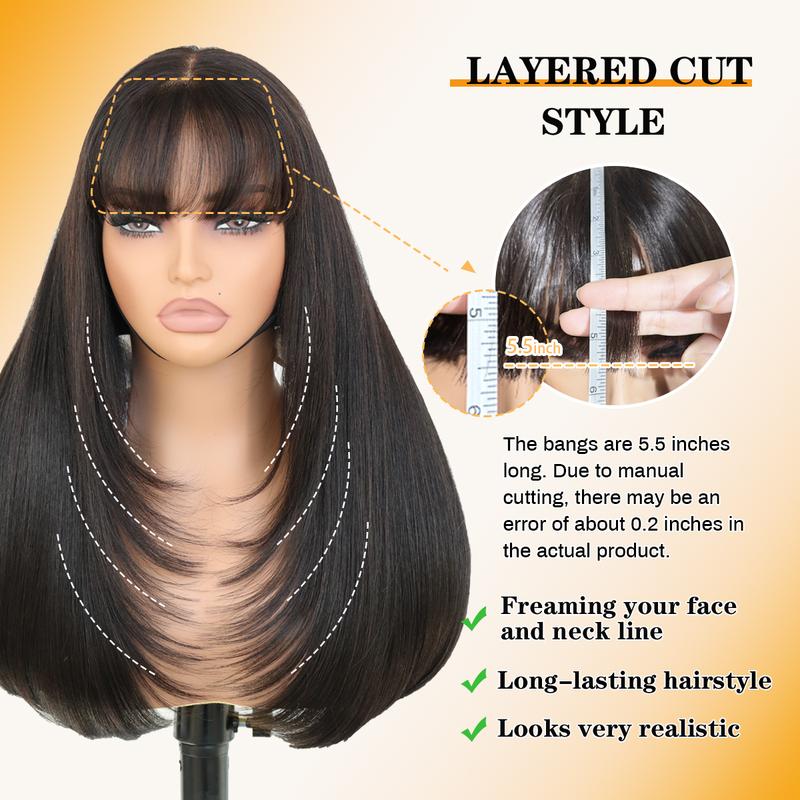 [Blend]Glueless Straight Layered Wigs with Bangs Wear and Go 6x4 Lace Front Wig ,Pre Style Realistic Look with True Scalp Tiny Knots 220% Density
