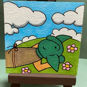 Series 8 - Tiny Goblin Painted Portrait - hand drawn, colored and painted (mixed media) comfy cozy spring theme