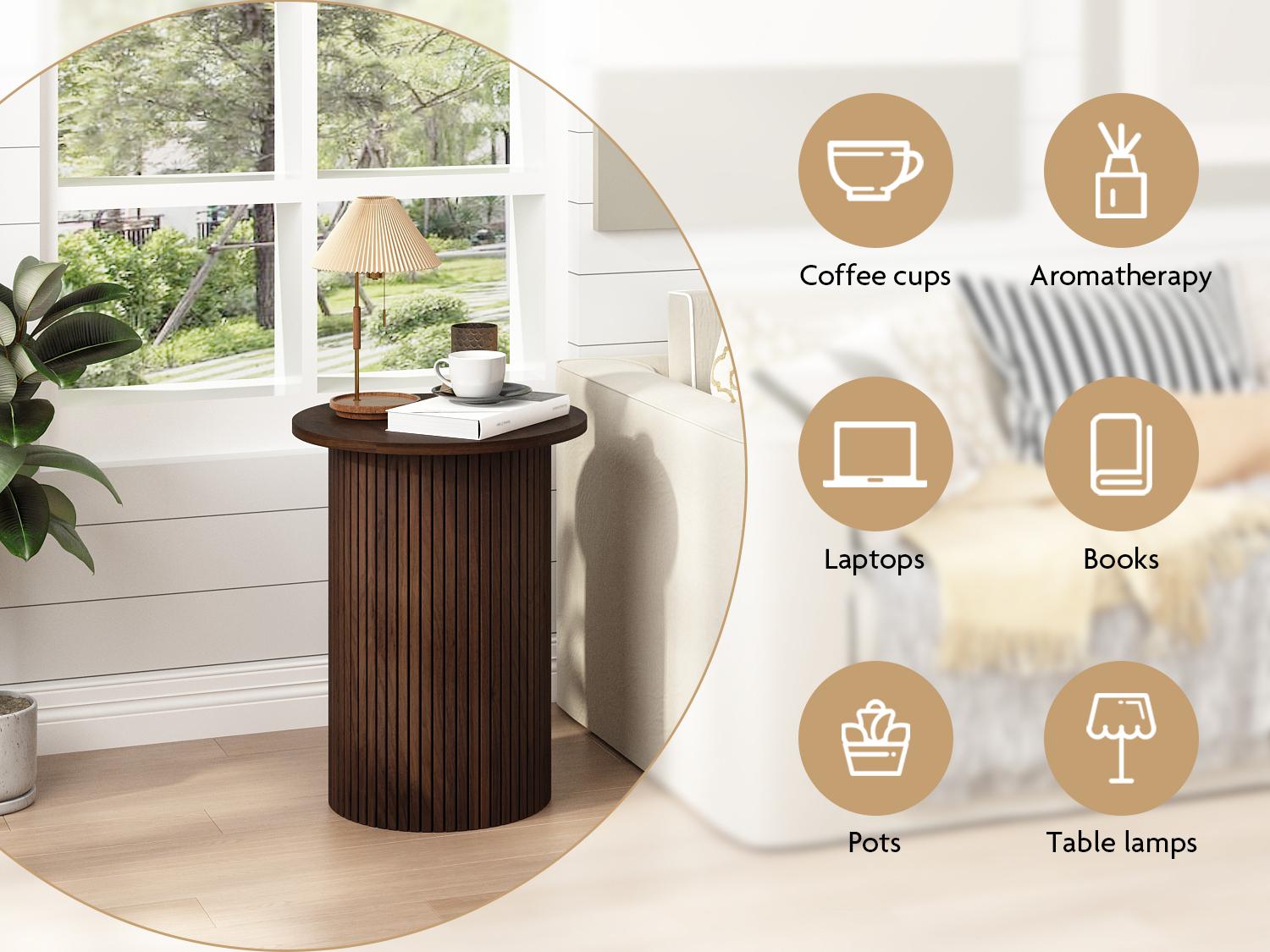 PieDle Round Fluted End Table,Small Accent Pedestal Side Table, Wood Fluted Nightstand Bedside Table for Living Room, Bedroom, Handcrafted Finish, Natural