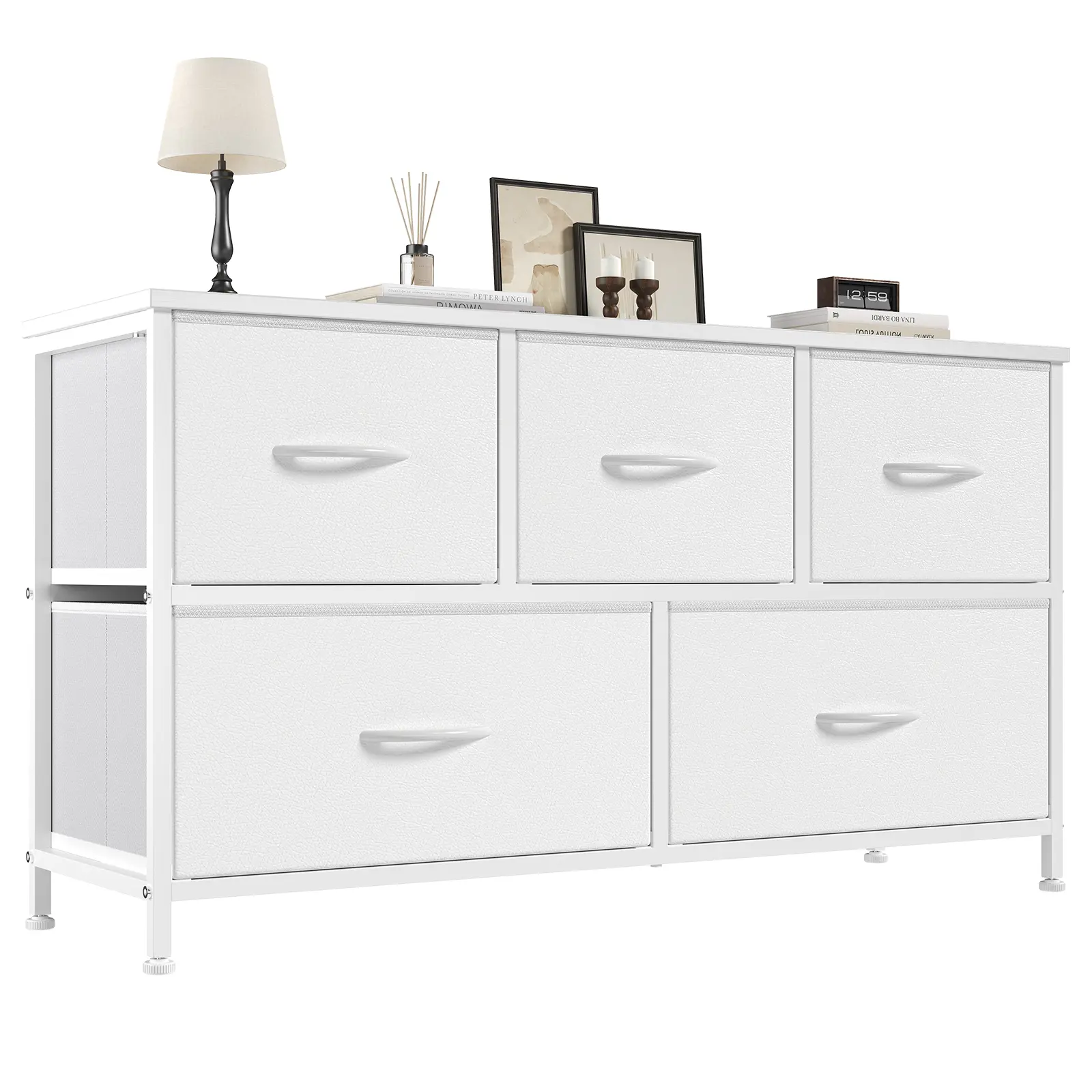 Sweetcrispy 5-Drawer Sturdy Chest of Drawers - Modern Dresser Storage Chest with Fabric Bins & Black Wood Top, Organizer Storage, Furniture for Small Spaces, Small Room Organization Products, Apartment Credenza Cabinet, Closet Organization, Storage Organi