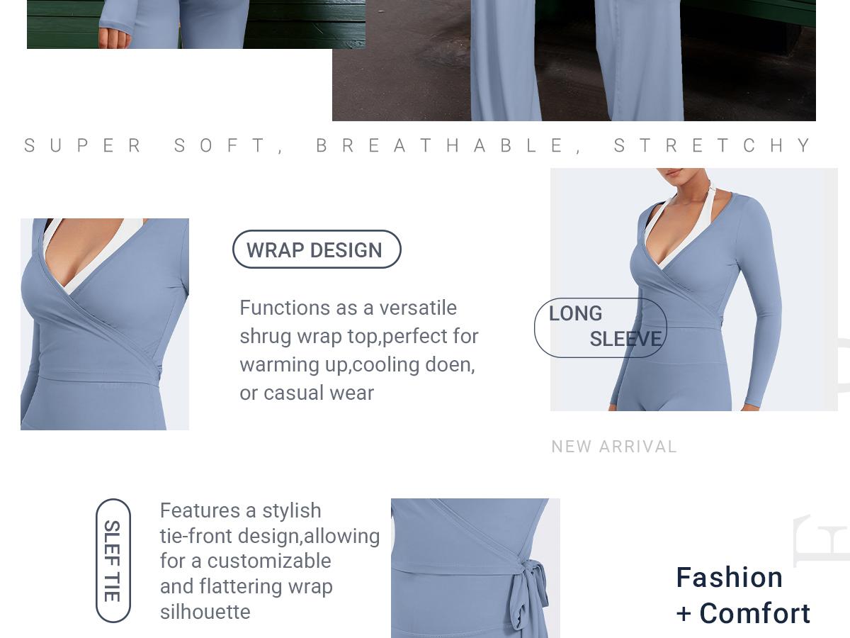 YEOREO Women Pilates Wrap Top Long Sleeve Tie Ballet Workout Yoga Shirt Michelie Y2K V Neck Cropped Tops Athletic Fashion Activewear