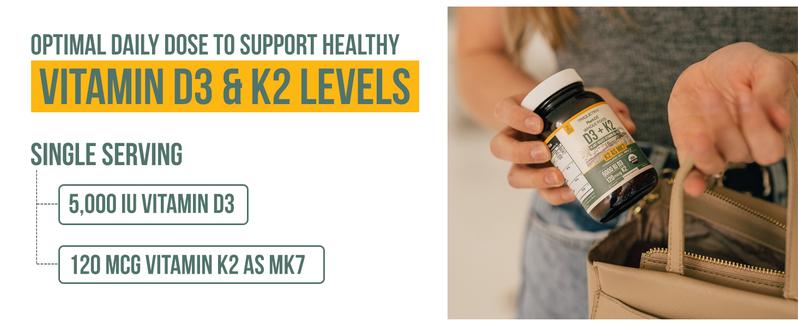 Organic Plant D3 + K2 Capsules - 5000 IU D3 + 120 mcg K2 (MenaQ7) - Whole Food, Vegan - Enhanced Digestion with Prebiotic Superfood Complex