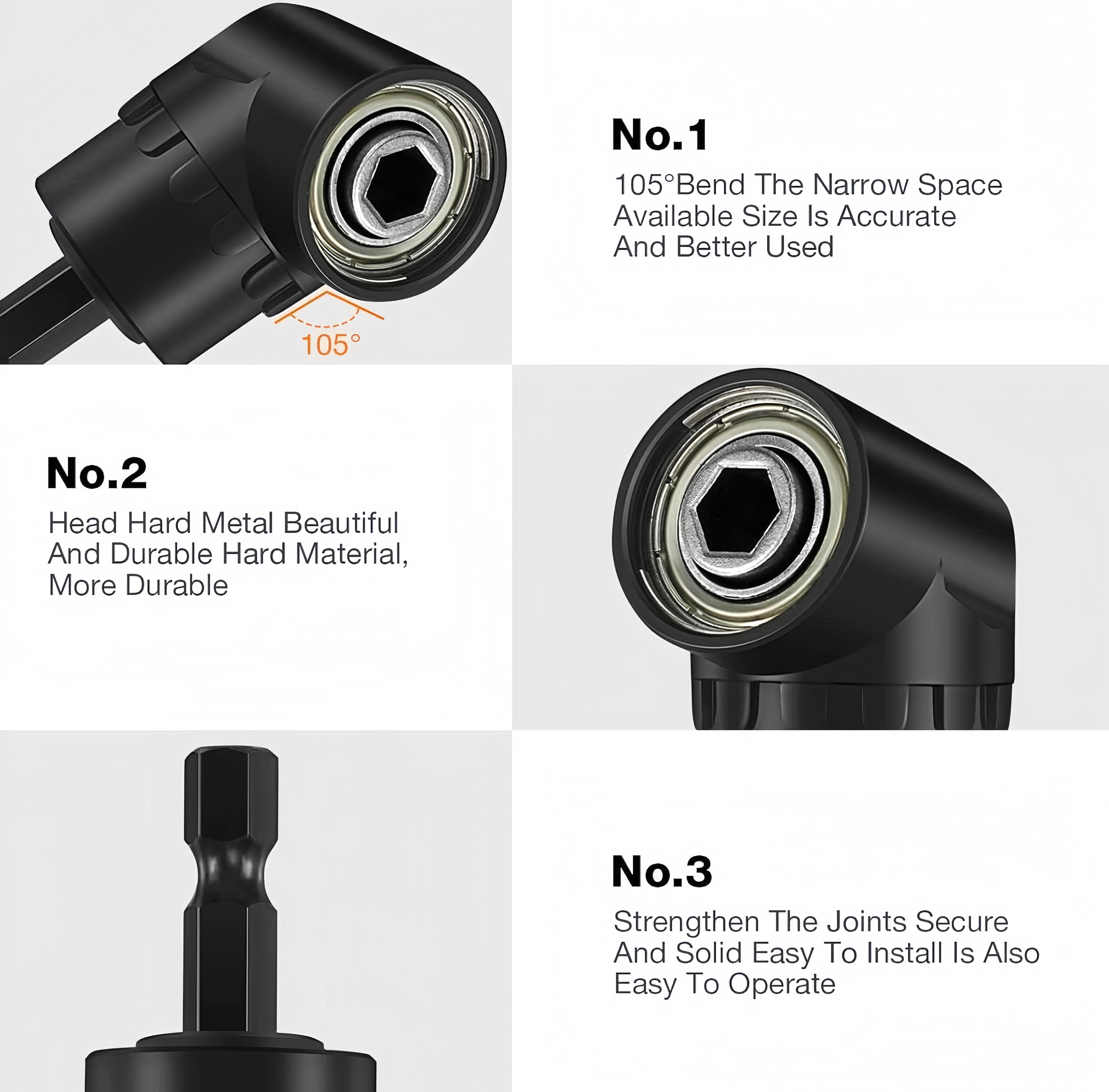 Right-Angle Drill Bit Accessory Set(6pcs), Including 3x 360° Rotatable 1/4", 3/8" & 1/2" Impact-Grade Socket Adapters, 2x 105° Hex Shank Angle Adapters & 90° Right-Angle Drill Bit, Heavy-Duty Tool Kit