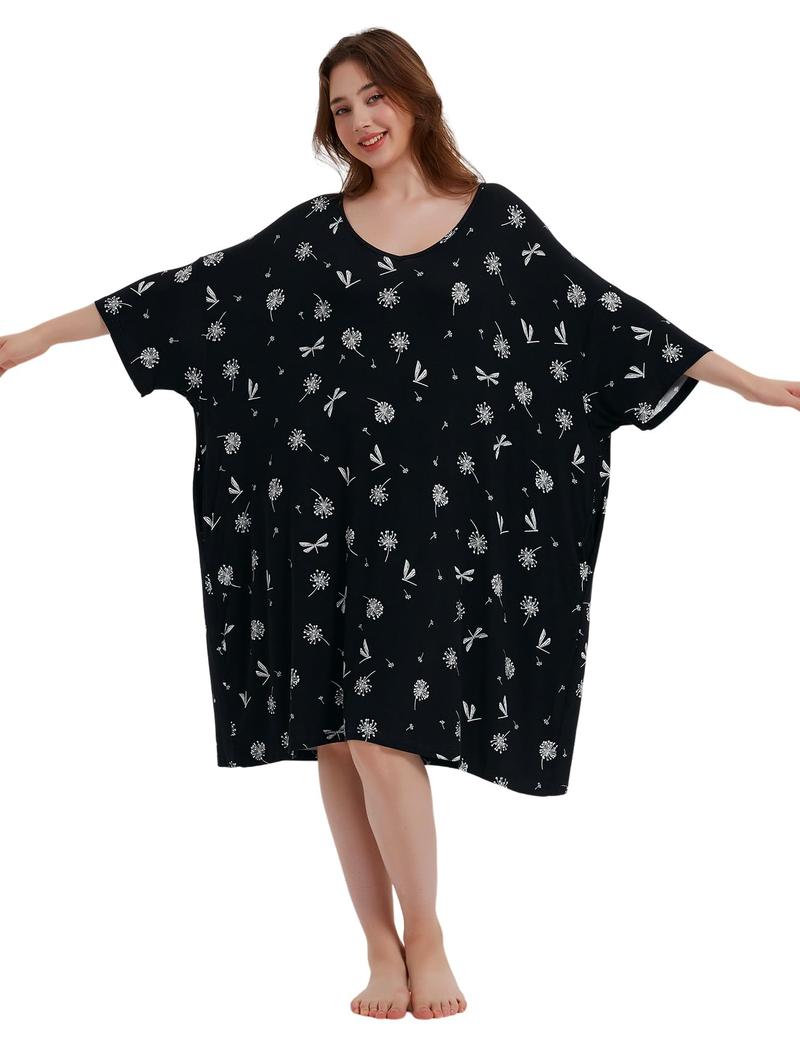 KFUBUO Plus Size Nightgown for Women V-Neck Sleep  Dress Pjs Lounge Short Sleeves Sleepwear With Pocket Fit S-5XL Pajamas Elastic Loungewear Breathable Fabric