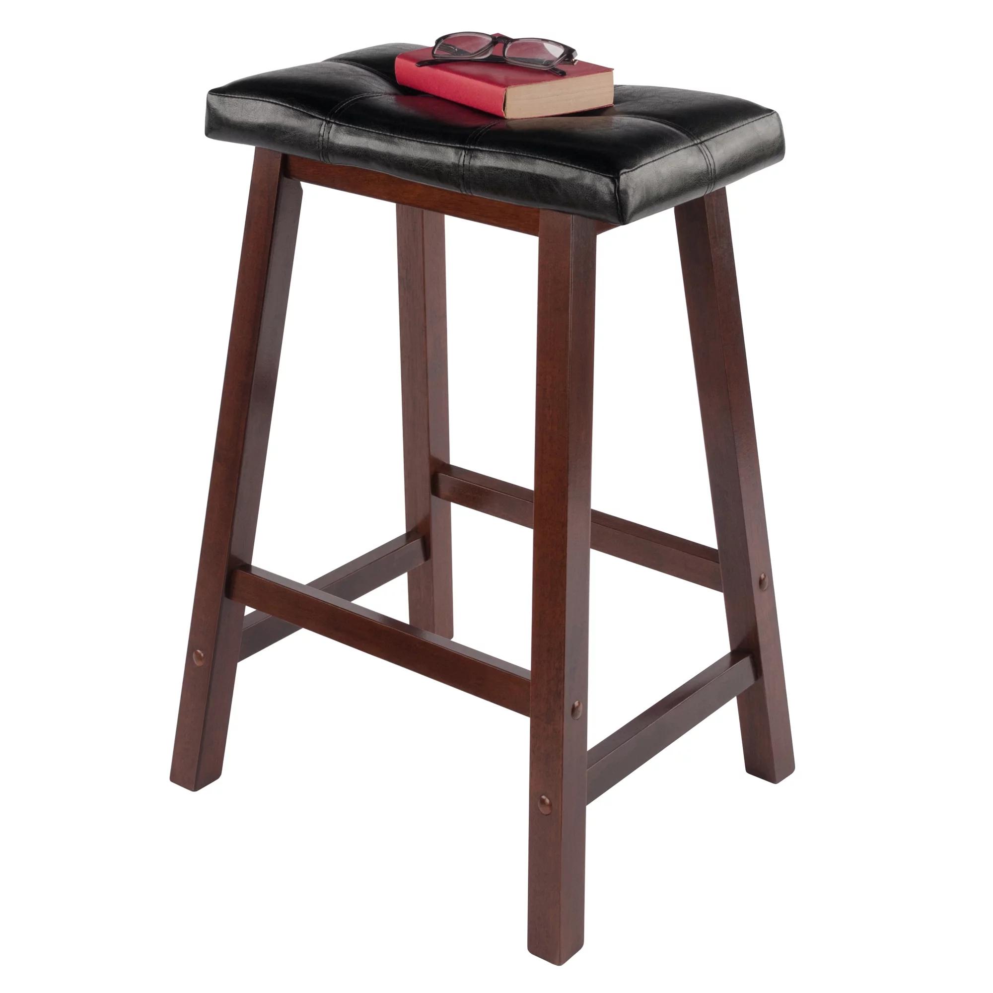 Wood Cushion Saddle Seat Counter Stool, Black & Walnut ，Modern Backless Upholstered Kitchen Counter Bar Stool