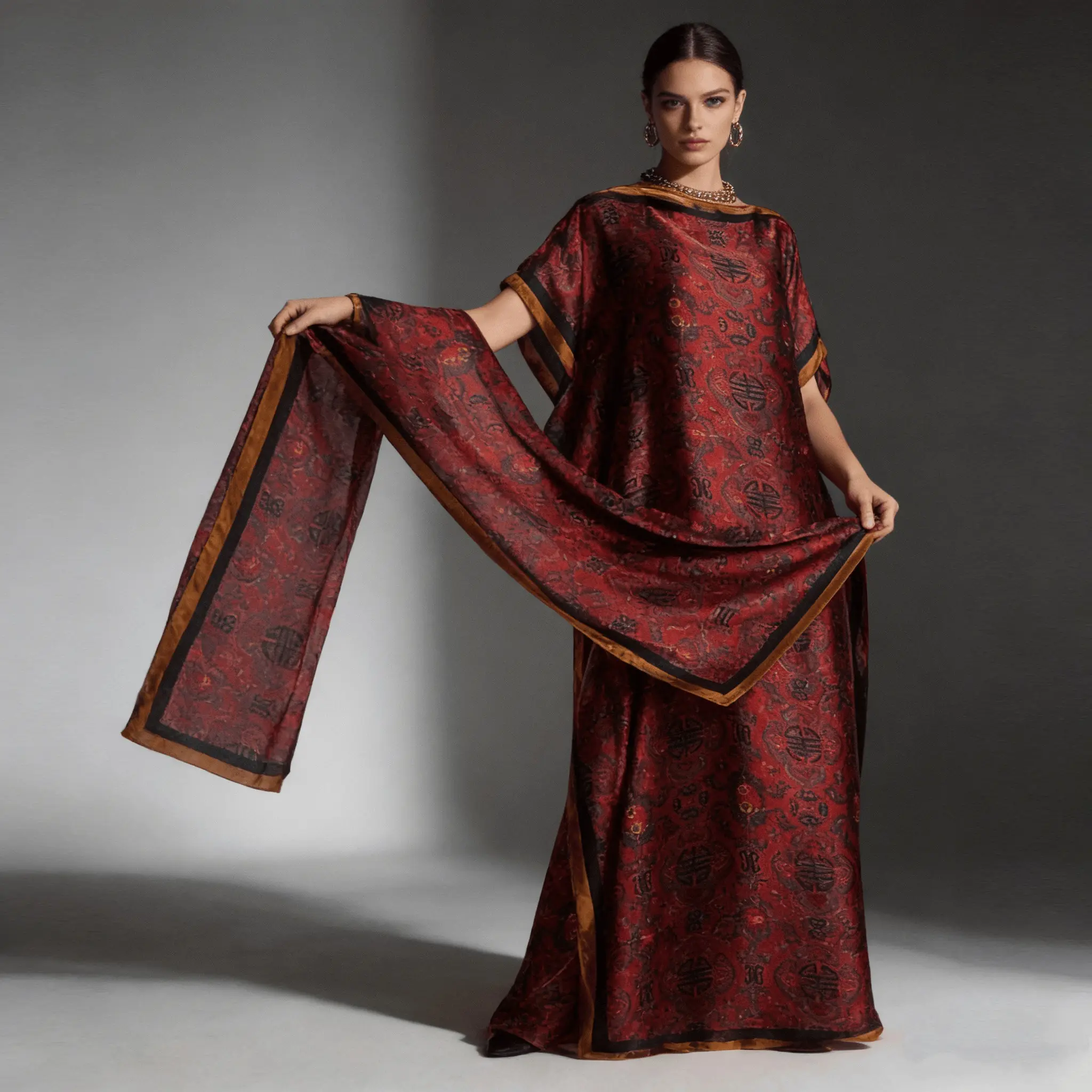 Ethnic Kaftan Dress Set with Matching Scarf | Traditional Printed Maxi Gown + Dupatta | Modest Party/Wedding/Festive Wear for Women Elegant