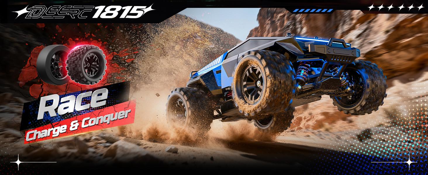 DEERC 1/12 RC Cars 45KPH, 4WD High Speed Short Course RC Truck, Off-Road All Terrain Remote Control Car with 2 Rechargeable Batteries & Spare Tire