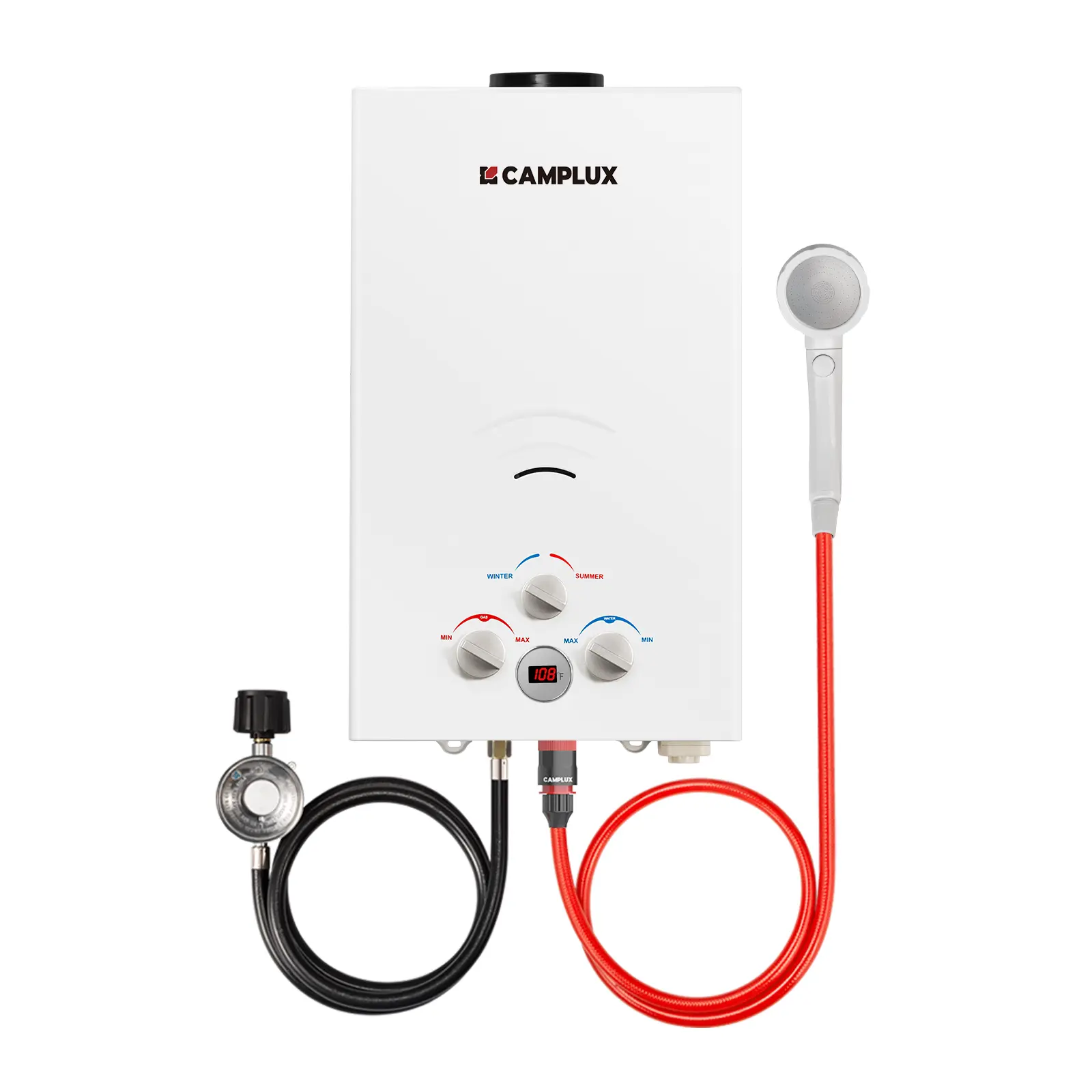 【Summer Deals】CAMPLUX Propane Portable Tankless Water Heater - 2.64 GPM, 68,000 BTU, Digital Display, White, Outdoor Camping Heating Appliance