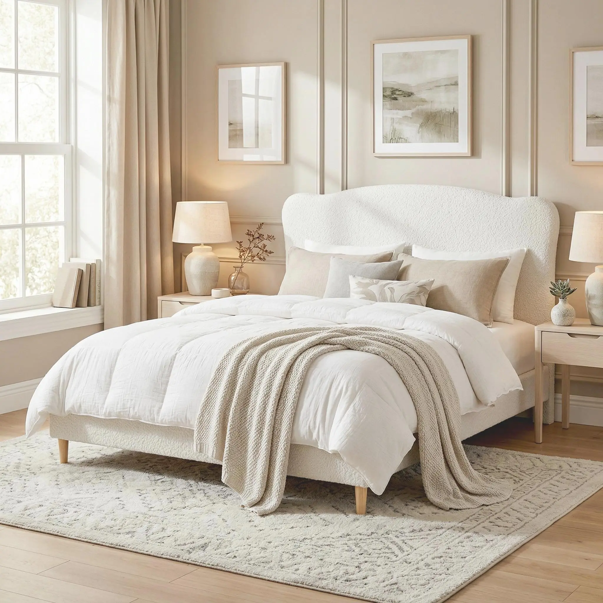 Garvee Queen Size Upholstered Headboard Bed Frame with Low Profile Platform, Rounded Corner Design, Durable Wooden Slats, and Noise-Free Construction