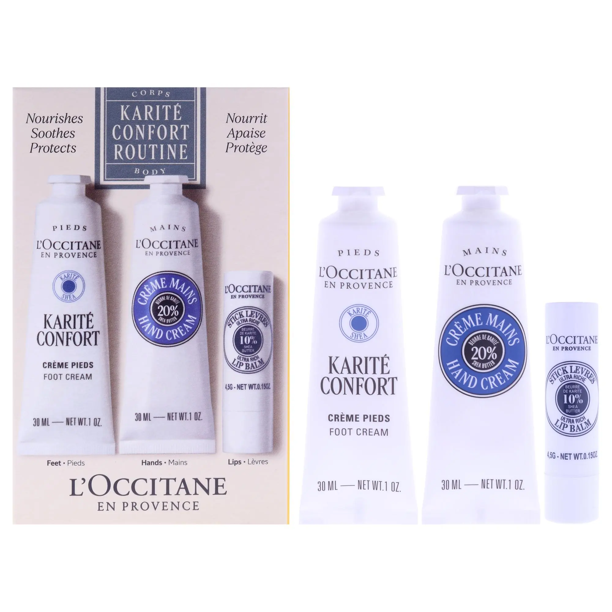 Shea Travel Must Haves by LOccitane for Unisex - 3 Pc 1oz Shea Confort Foot Cream, 1oz Shea Butter Hand Cream, 0.15oz Shea Butter Ultra Rich Lip Balm