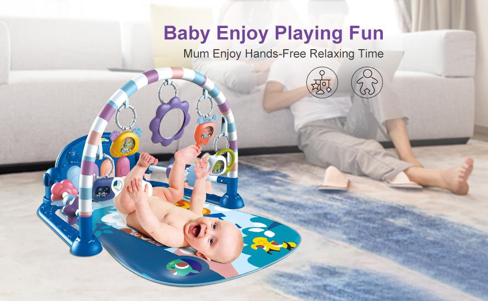 dearlomum Baby Play Mat Blue Giraffe Design with 5 Sensory Toys Music Lights for Newborns 0-36 Months Multifunctional Rubber Playmat Playpen Gift for Boys & Girls