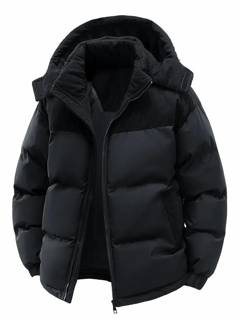 Men's Winter Hooded Jacket Cotton Coat with Removable Hood Warm Colorblock Couple's Youth Outdoor Cotton-Padded Top