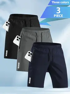 Men’s quick-dry swim trunks, 3-pack — elastic drawstring waist and zippered pockets; letter-print beach shorts with an adjustable regular fit; durable, machine-washable swimwear; casual pool wear with a solid-color design and fabric.