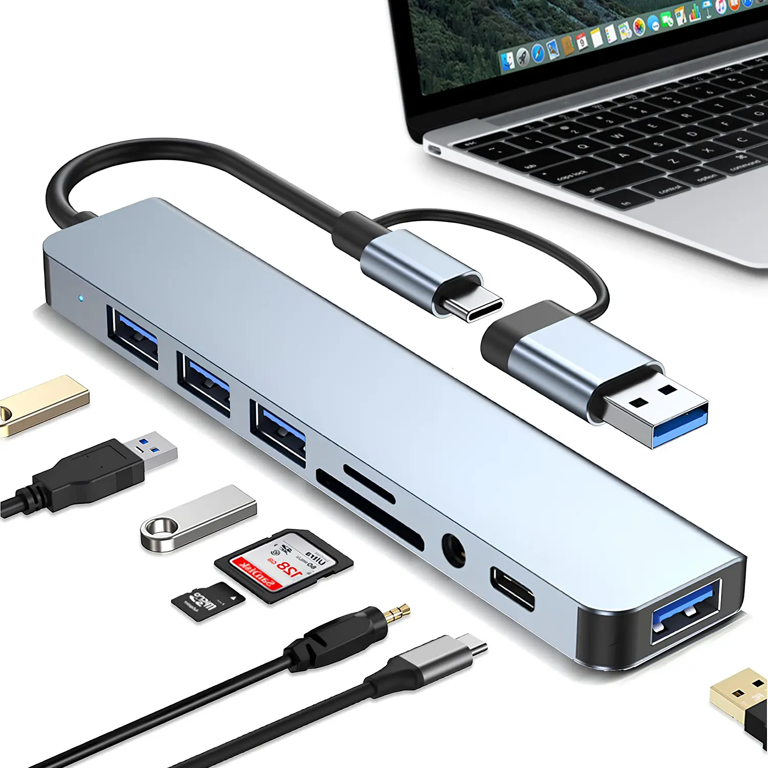 USB C Hub USB Hub 3.0 for Laptop, Upgrade 8 in 1 USB Splitter with USB-C/4 USB A Port Extender, TF/SD Card Slot,3.5mm Audio Adapter,Type-C USB Dongle for PC/Mac/MacBook/Laptop/iPad/Tablet#SummerWins