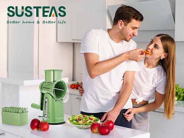 SUSTEAS Rotary Cheese & Veggie Chopper – 5 Blades, Suction Base, Bonus Organizer | Green Food Slicer & Chopper Utensil for Kitchen