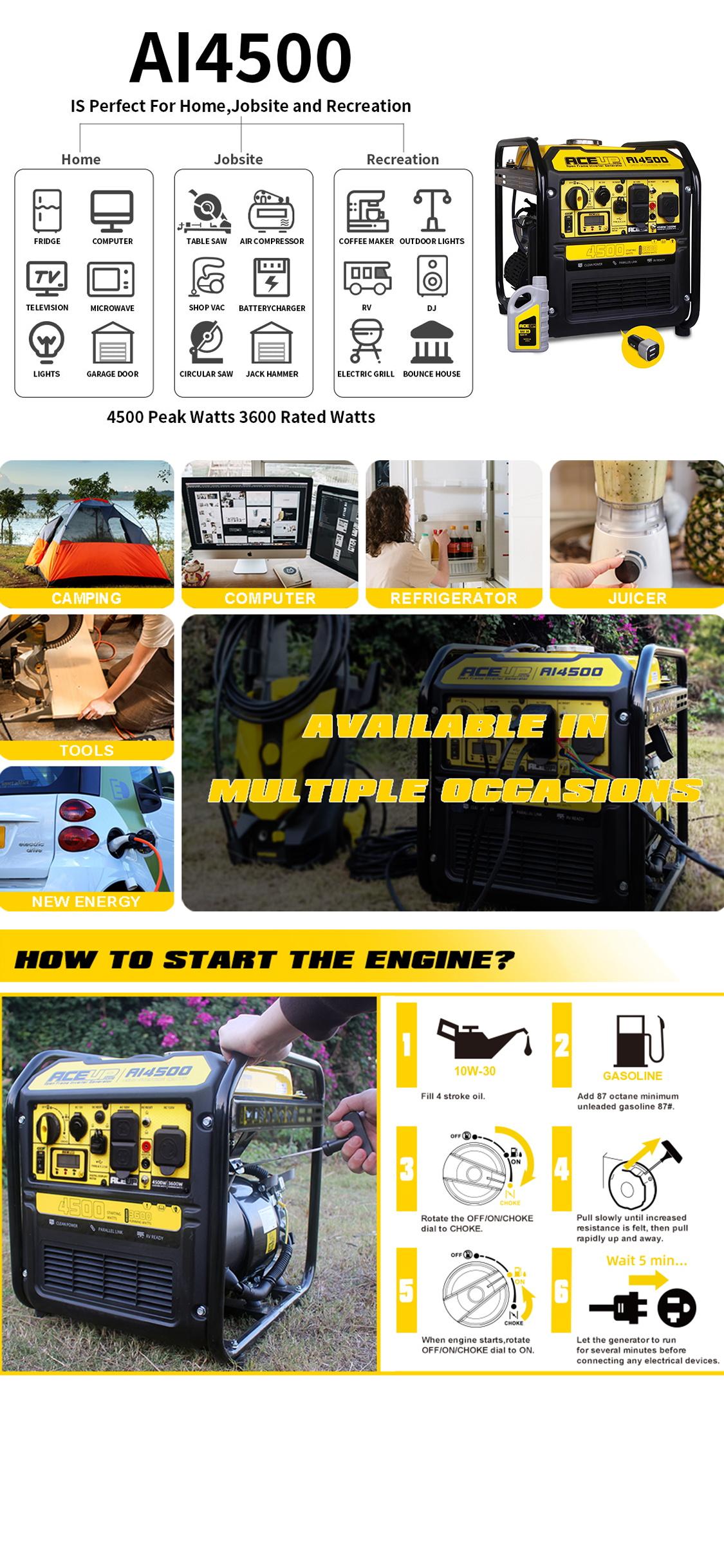 Aceup Energy AI4500 4500 Watt Open Frame Inverter Generator Gas Powered 223CC RV Ready EPA Compliant Clean Power Parallel Link