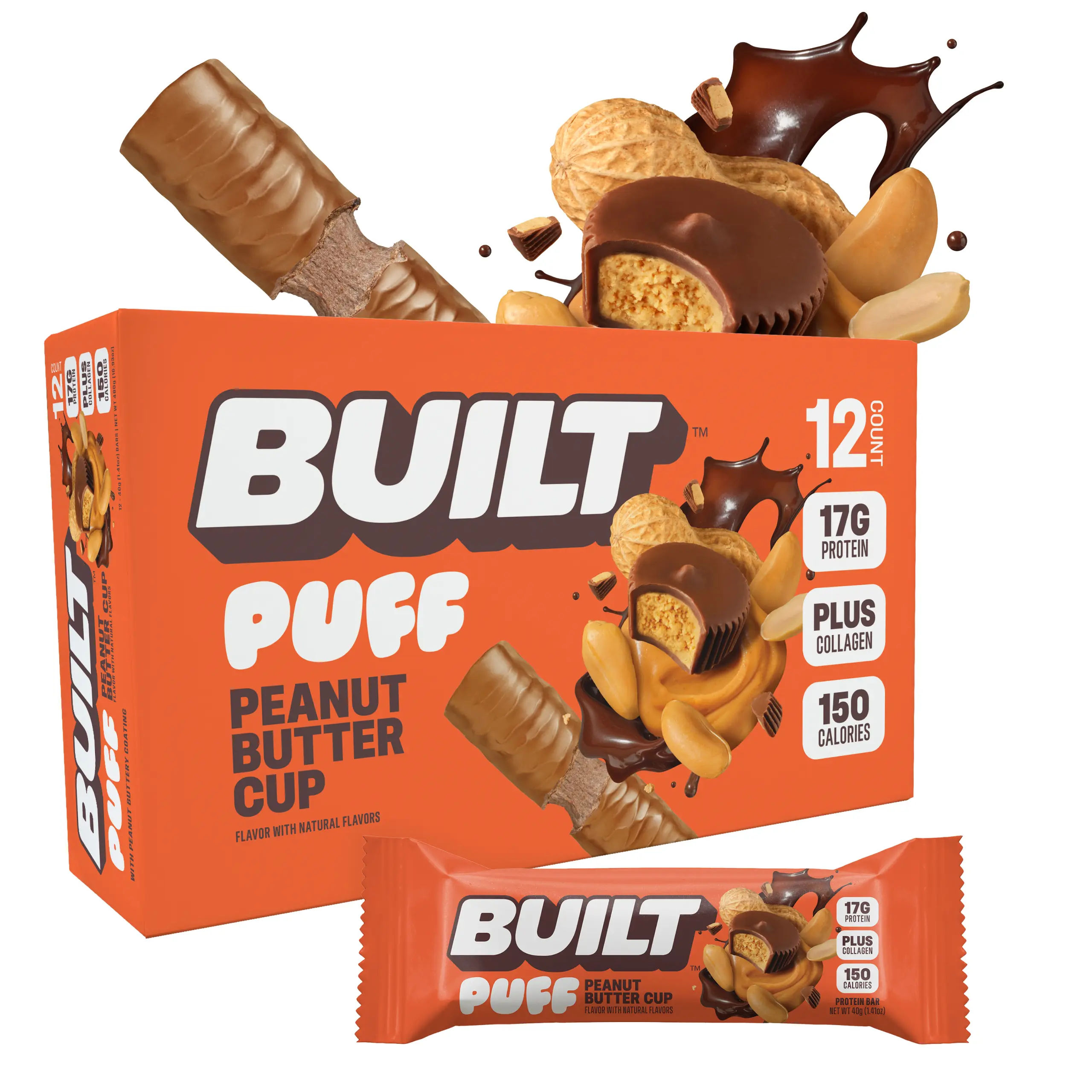 Official BUILT Bar, Puff Protein Bar Snack, Peanut Butter Cup Puff, 17g Protein, 150 Calories, Soft Marshmallowy Texture, Perfect for On-The-Go Snacking