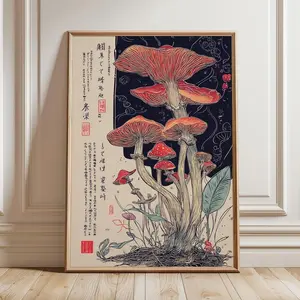 Japanese Mushroom Line Art Print, Retro Vintage Botanical Poster, Red and Blue Mushrooms with Elegant Typography, Traditional Nature Design 7