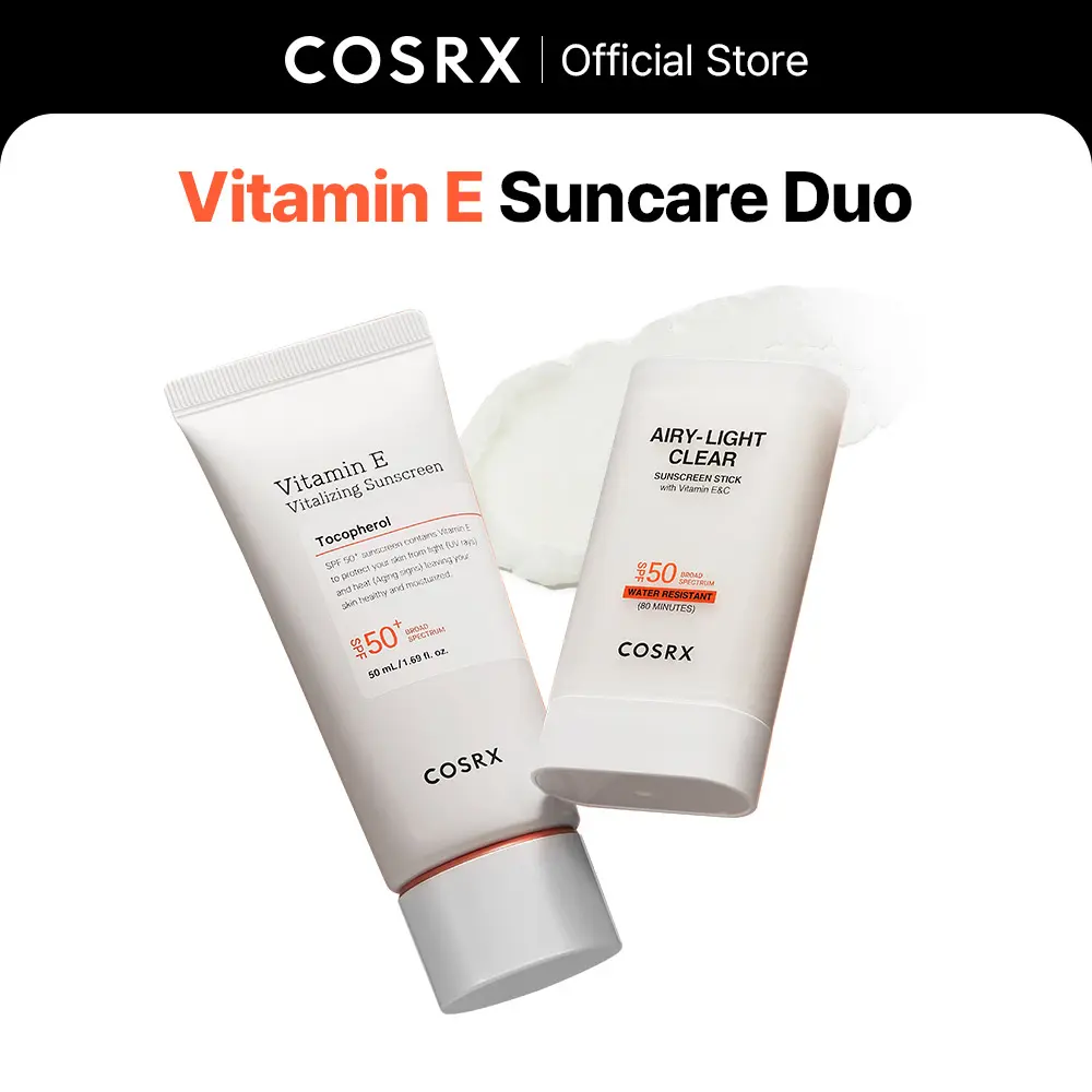 COSRX Vitamin E Facial Sunscreen Set, SPF 50+ Duo with Antioxidant Lotion & Sun Stick for All Skin Types, Travel Toiletries, Bottle, Outdoor, Water Resistant, High Spf 50+, Any, 50Ml, Suitable All, Uv Blocking, Hydrating, Adults